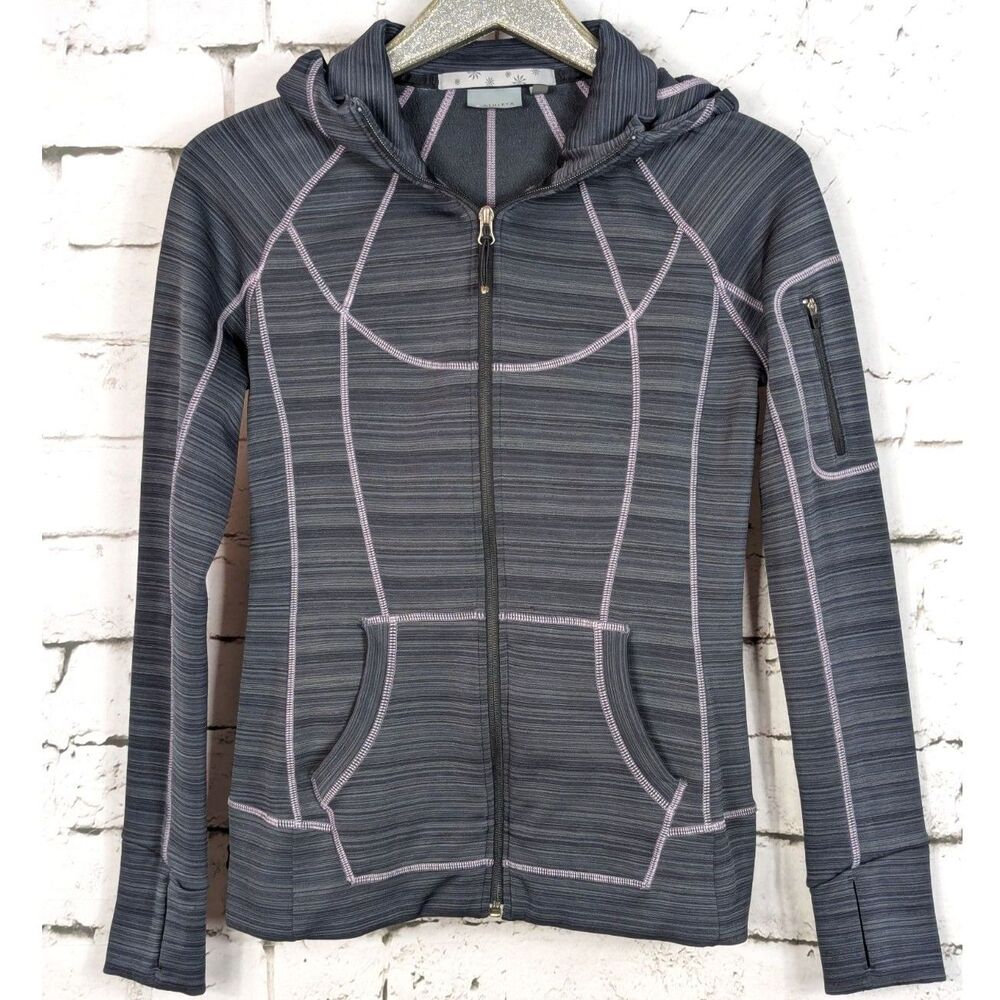 ATHLETA Striped Strength Hoodie Running Jacket Pockets Quick Dry Outdoor Medium